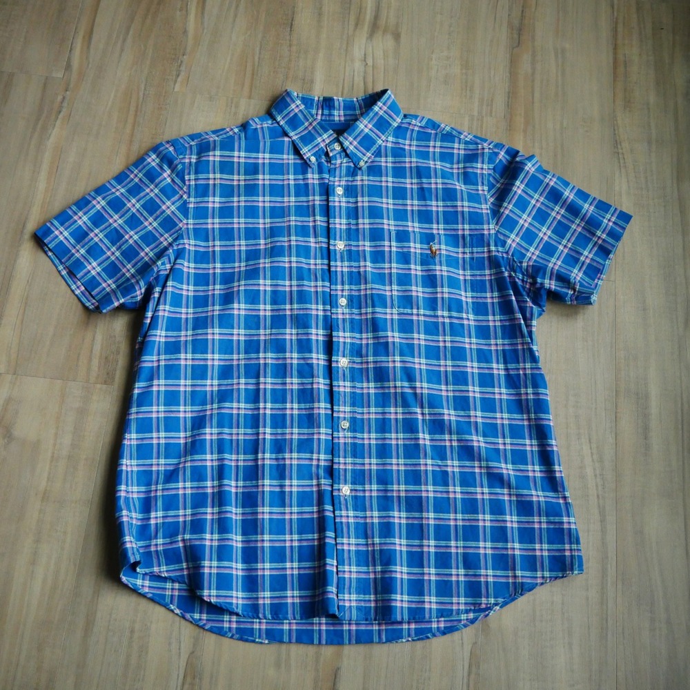 POLO Ralph Lauren‎ Men XXL Slim Fit Blue Plaid Short Sleeve Button Down Flesh